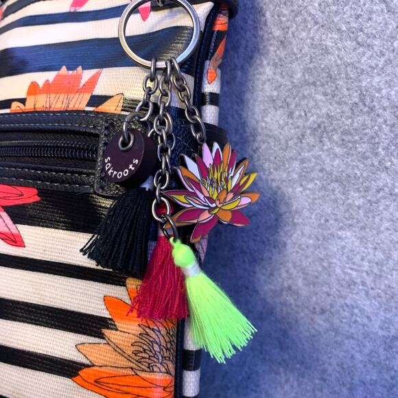 Sakroots Artist Designed Crossbody Bag, Black and White Striped Colorful Flowers - Picture 5 of 10